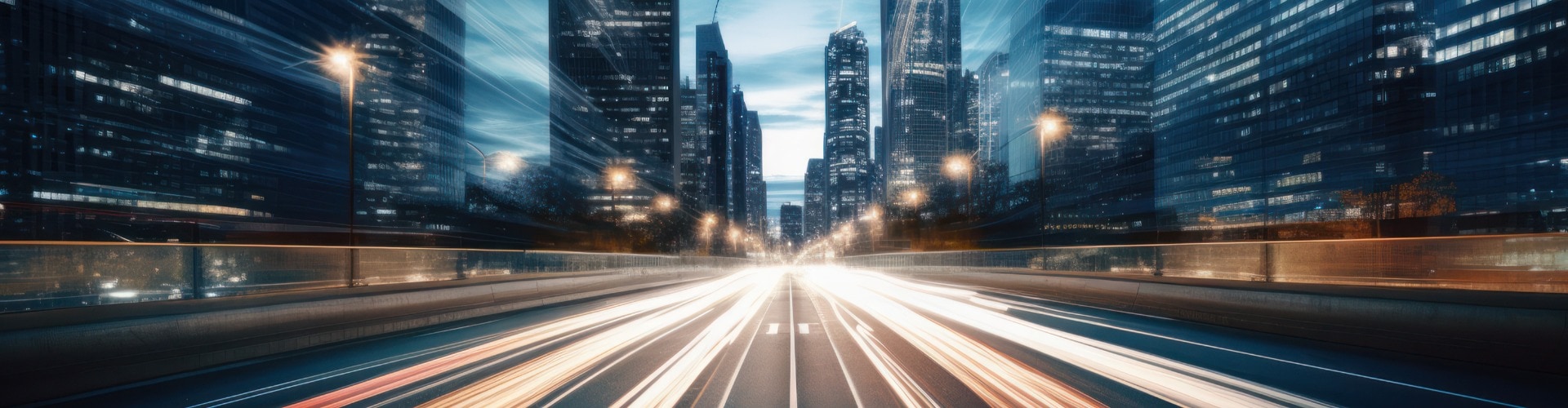 road in city with skyscrapers and car traffic light trails. infrastructure and transportation background