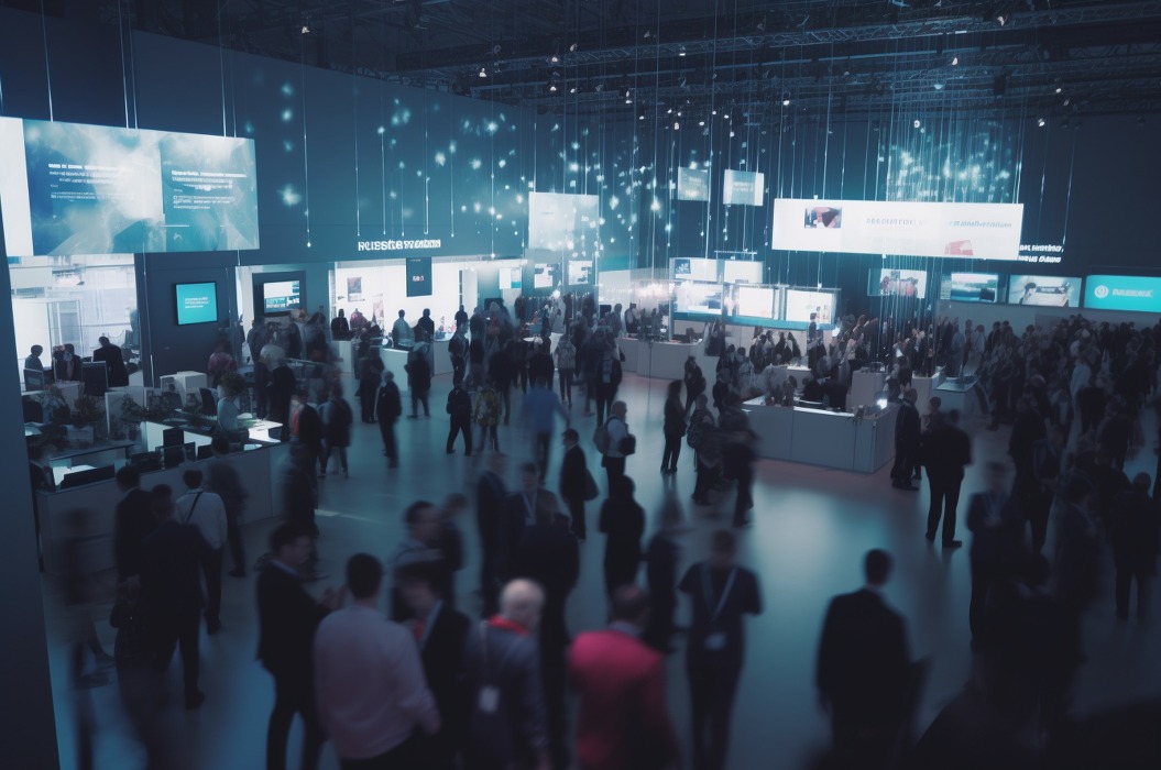 Geschäftiges Treiben auf der Messe mit einem Meer von Ständen und verschwommenen Geschäftsleuten