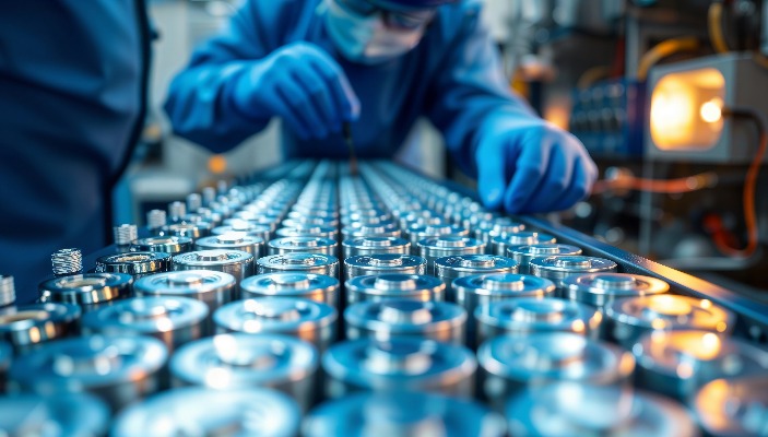 Nahaufnahme von Batteriezellen auf einer Fertigungsstraße in einer Fabrik.