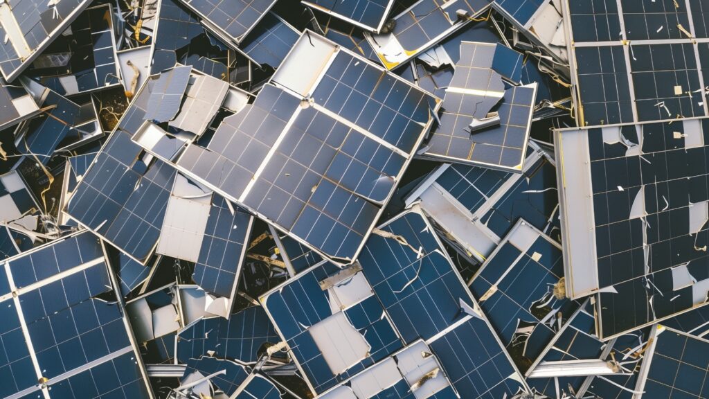 Trümmer von Sonnenkollektoren. Ein Haufen zerbrochener Solarmodule, der das Problem des Abfalls erneuerbarer Technologien verdeutlicht.