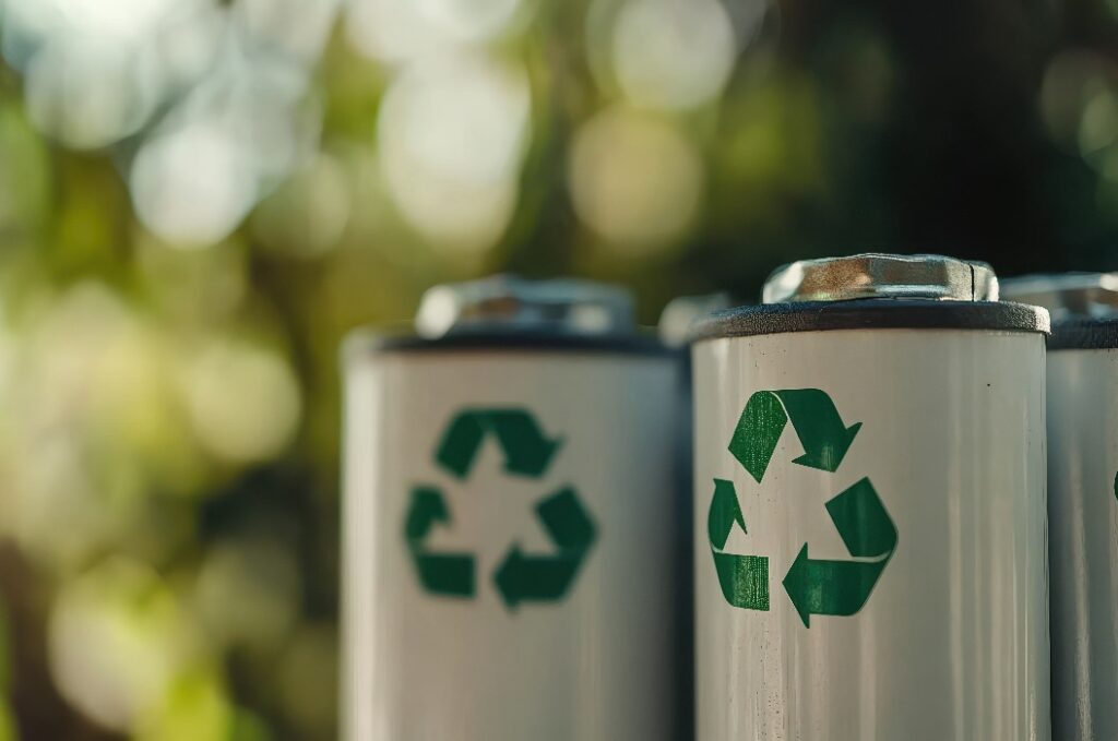 In einer Reihe angeordnete Recycling-Batterien mit einem Recycling-Symbol auf jeder Batterie Unscharfer Hintergrund mit unscharfen Grünpflanzen und Sonnenlicht