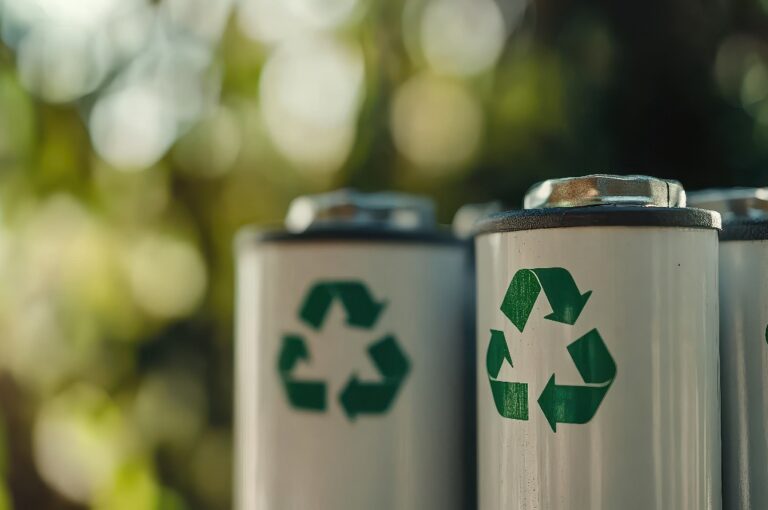 In einer Reihe angeordnete Recycling-Batterien mit einem Recycling-Symbol auf jeder Batterie Unscharfer Hintergrund mit unscharfen Grünpflanzen und Sonnenlicht