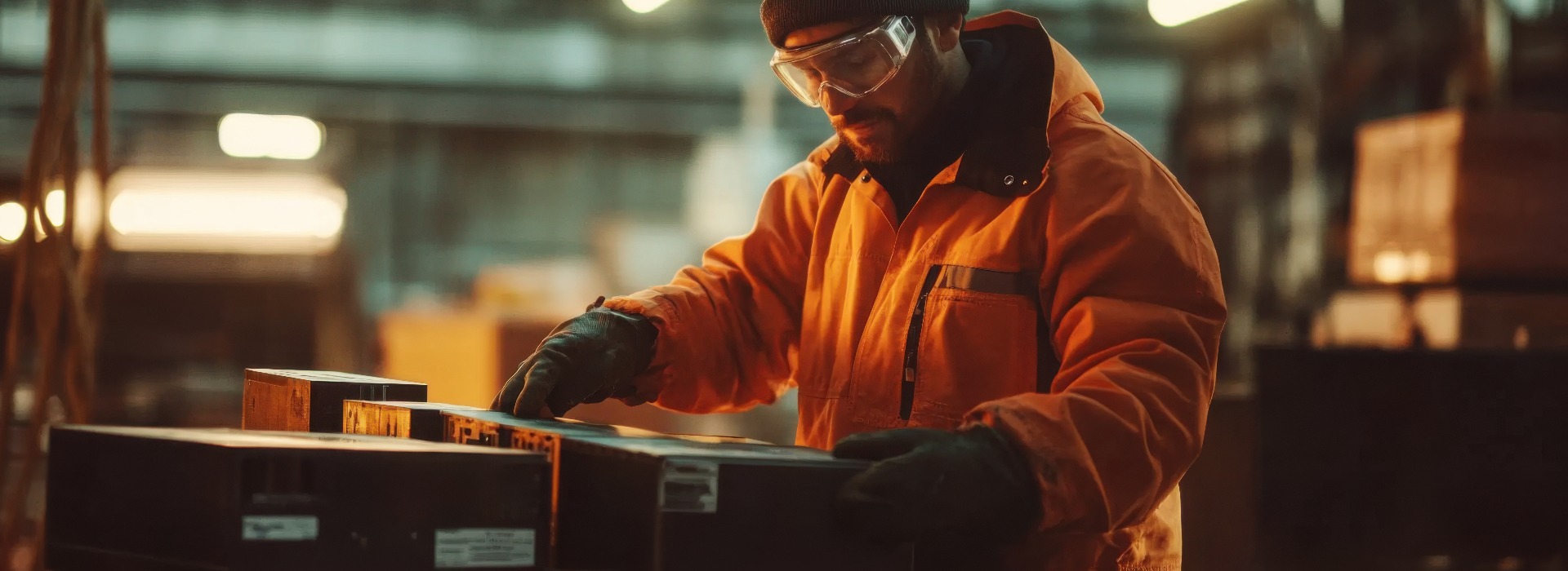 Arbeiter in orangefarbener Sicherheitsjacke beim sorgfältigen Umgang mit Lithium-Ionen-Batterien in einem Lagerhaus, ein Beispiel für Sicherheit und Sorgfalt