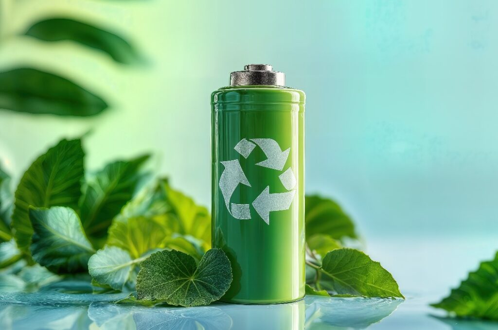 eine leuchtend grüne Batterie mit einem Recycling-Symbol