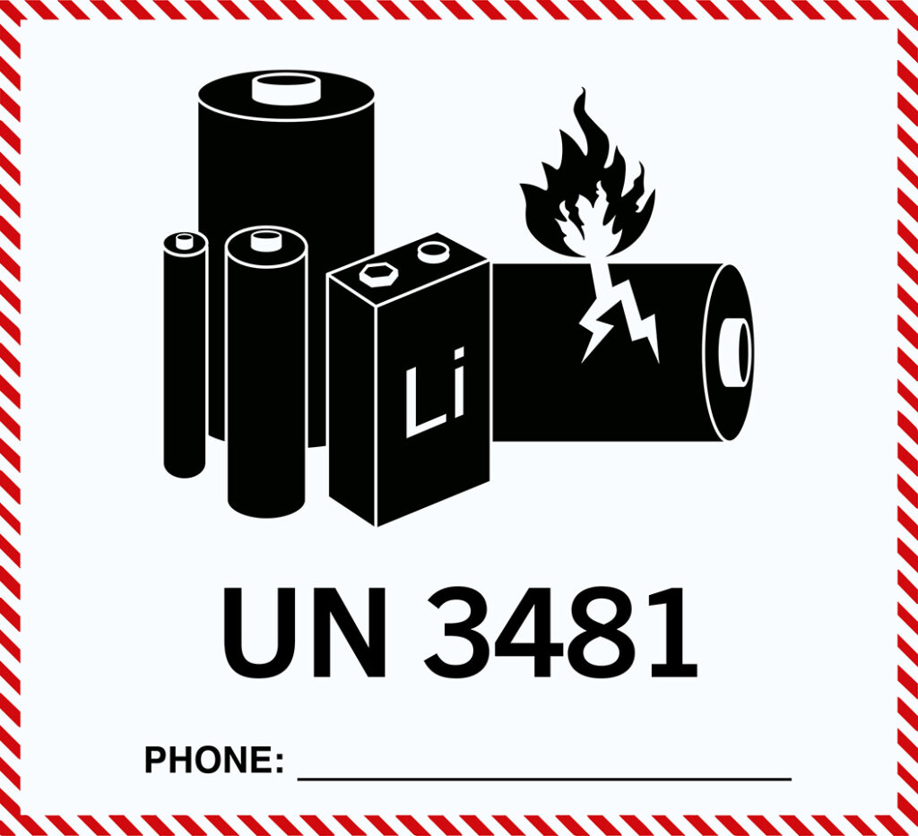 Schwarze Batterien mit Flammensymbol und Blitz neben UN 3481 Text auf weißem Grund