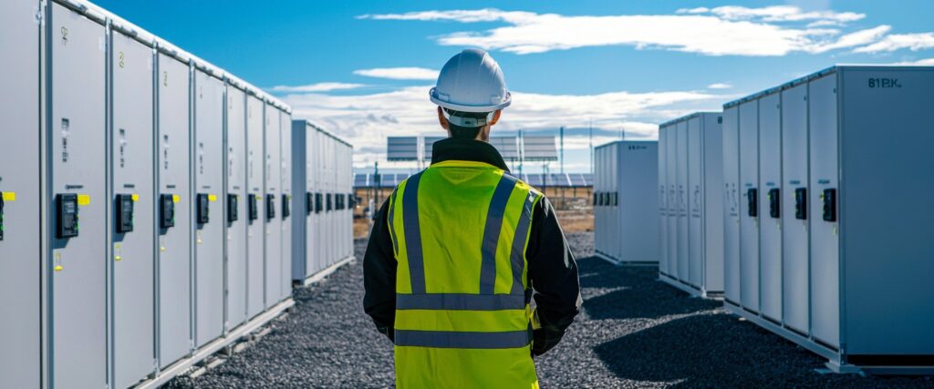 Techniker in Sicherheitsweste inspiziert große Lithium-Batteriespeicher unter strahlend blauem Himmel und zeigt eine moderne Energieanlage