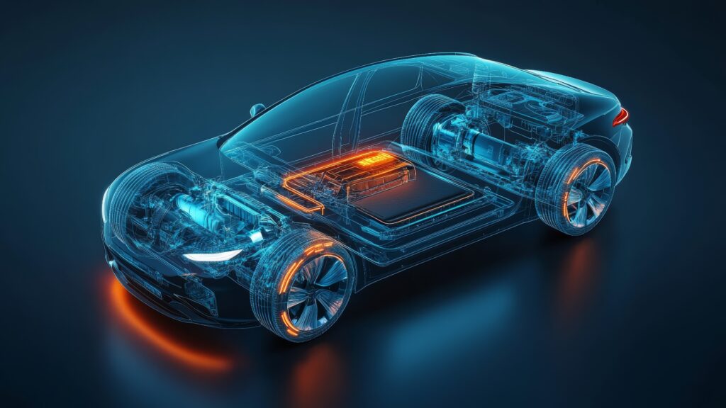 Futuristisches Elektroauto-Design mit transparenten Komponenten und innovativer Technologie für ein modernes Automobilerlebnis.