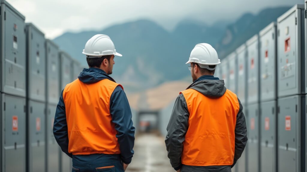 Zwei Mitarbeiter in Sicherheitswesten und Helmen inspizieren eine industrielle Lithium-Ionen-Batterieanlage. Sie befinden sich während der Wartungsarbeiten in einem Außenlager. Das Konzept der erneuerbaren Energien veranschaulicht Energielösungen und Technologie.