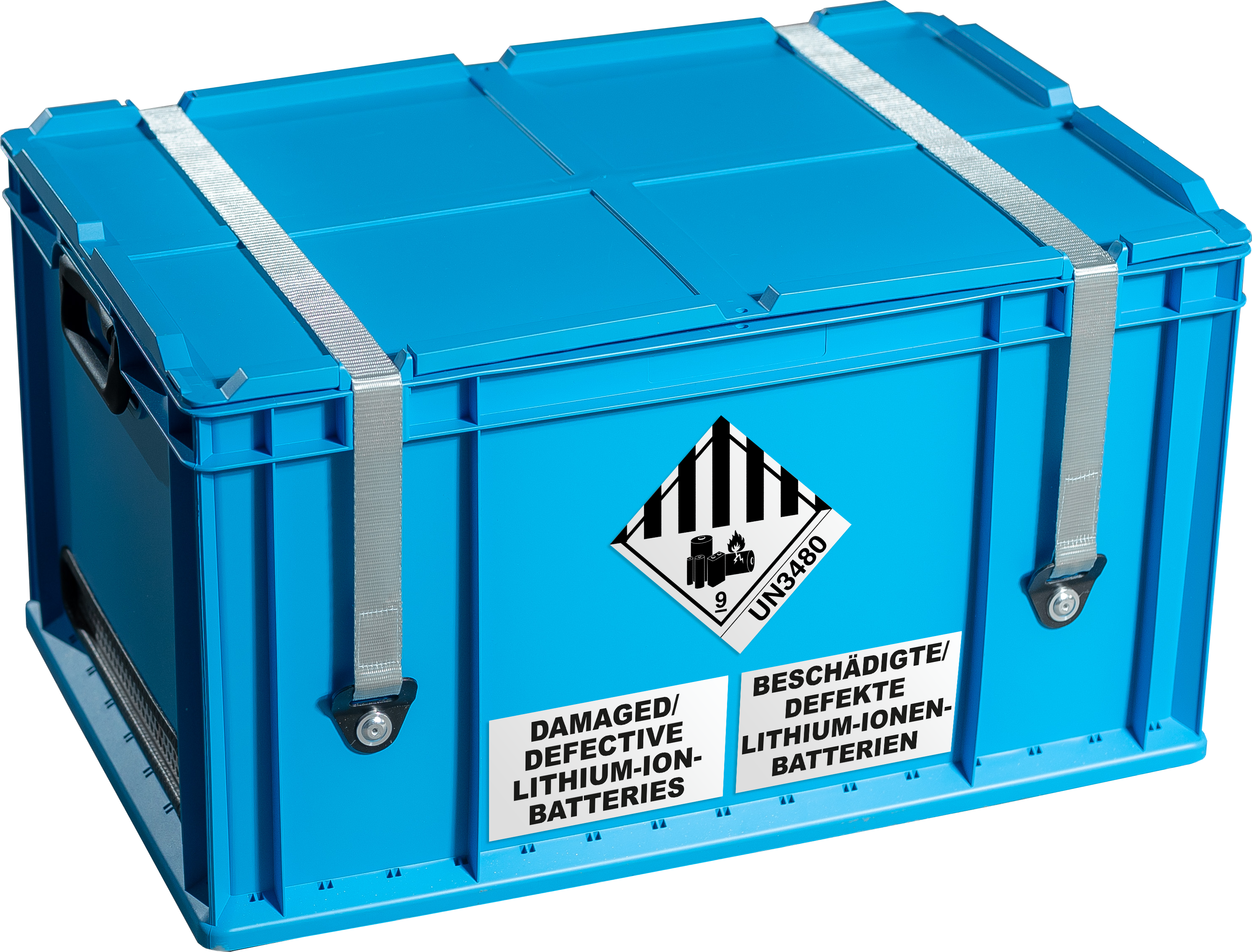 Blaue Box mit Gurten, Warnsymbol und Etikett fuer defekte Lithium Akkus