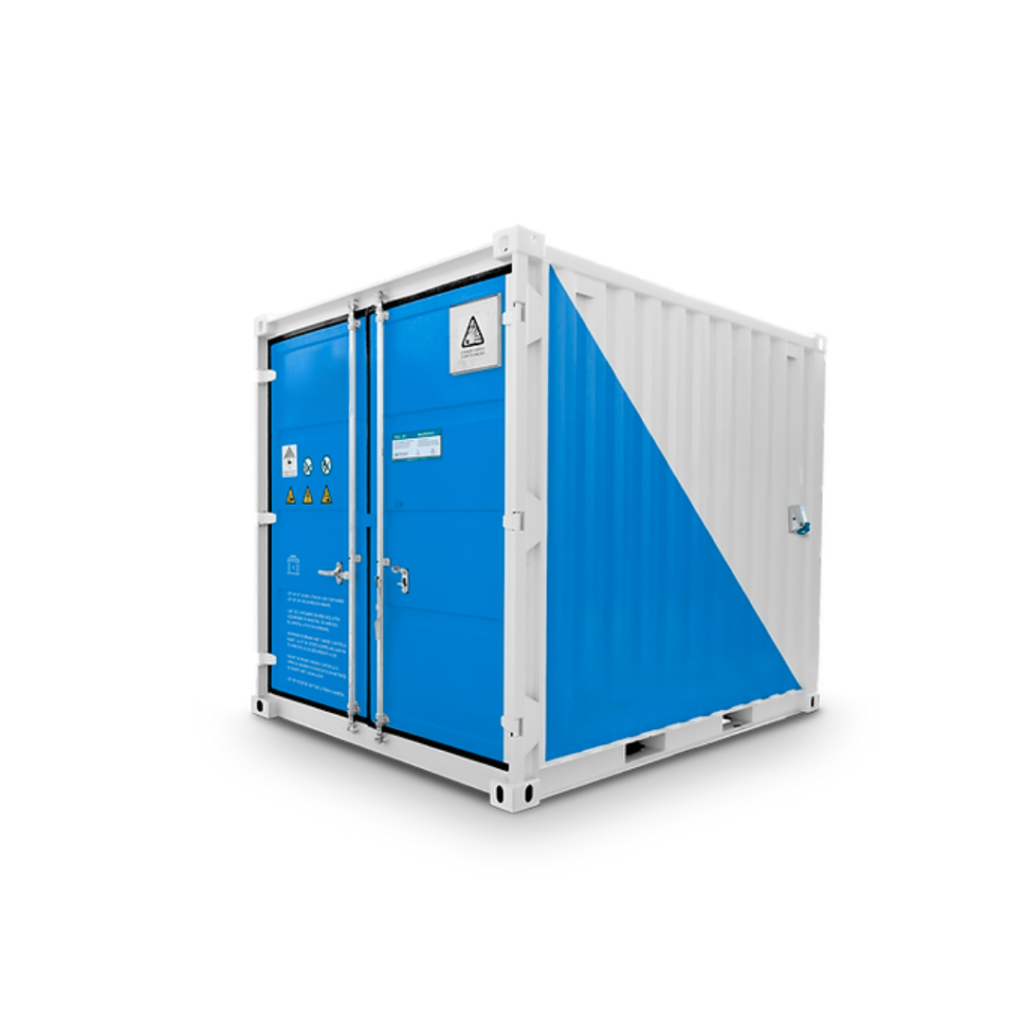 Blauer und weisser Container mit Doppeltuer und Warnsymbolen, neutral