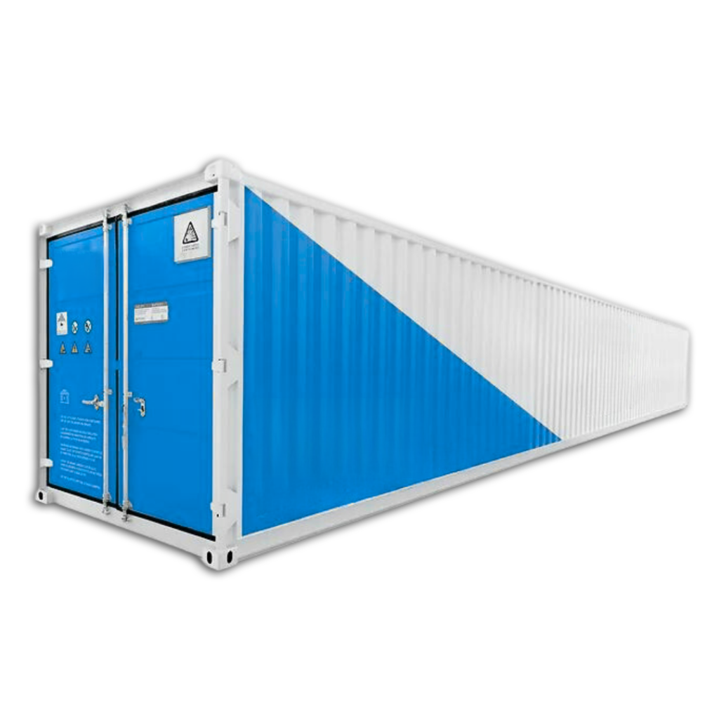 Blau weisser Frachtcontainer ohne Gesicht mit Warnsymbolen und Tueren