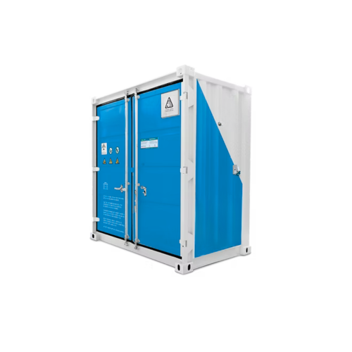 Blauer Container mit weißen Kanten und Warnsymbolen, geschlossen und eckig